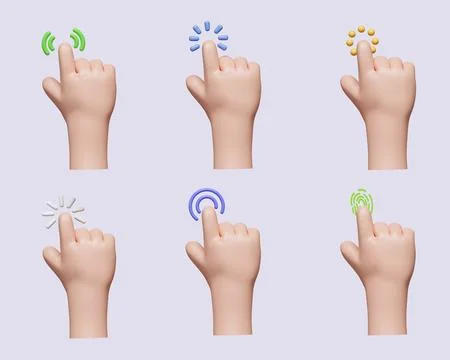 3d Computer cursor with hand and click. Diverse man arms with fingers press Stockillustratie