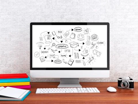 3d Computer with education sketch Stock Illustration