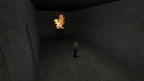 3D Computer Game - Woman in Dark Torch-lit Hallway - Take 01 動画素材 229236360