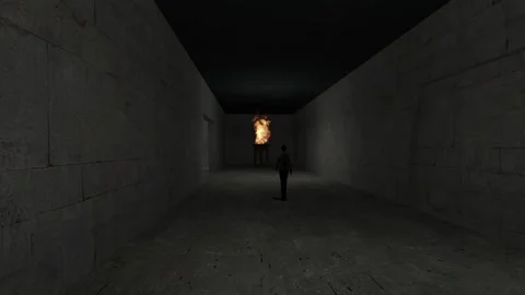 3D Computer Game - Woman in Dark Torch-lit Hallway - Take 03 動画素材 229236364
