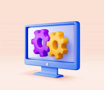 3D computer with gears on screen Illustrazione stock