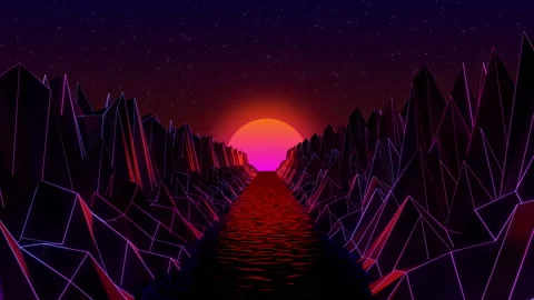 3D Computer generated synthwave landscape with mountains and river Stock Footage 149492096
