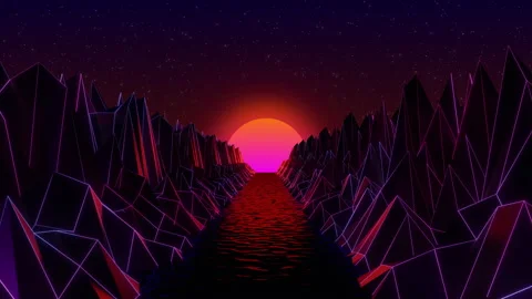 3D Computer generated synthwave landscape with mountains and river - straight Stock Footage 149978372
