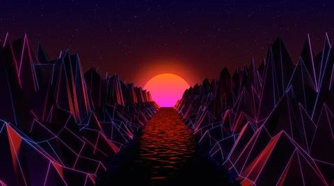 3D Computer generated synthwave landscape with mountains and river Illustrazione stock