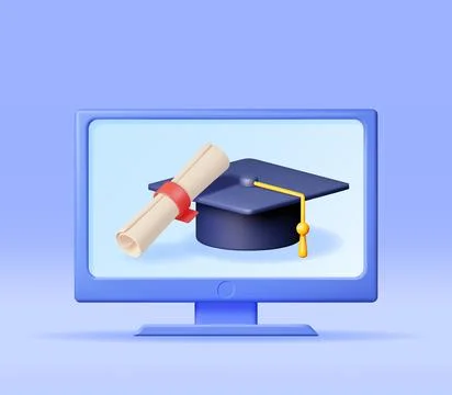 3D Computer with Graduation Cap and Diploma 스톡 일러스트