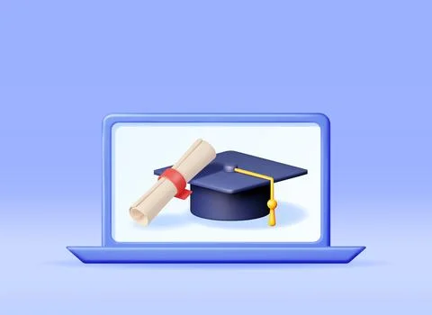 3D Computer with Graduation Cap and Diploma Illustrazione stock