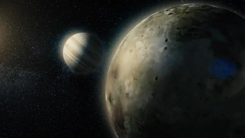 3D computer illustration of Jupiter and its volcanic moon Io. IO Jupiter moon Stock Illustration