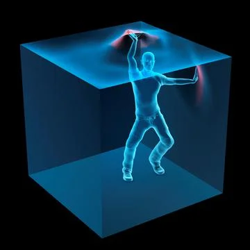 3D Computer Illustration of man trapped inside blue transparent cube Stock Illustration