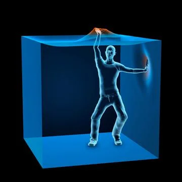 3D Computer Illustration of man trapped inside blue transparent cube Stock-Illustration