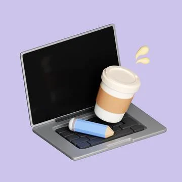 3D Computer laptop with pencil and coffee cup. Cartoon design illustration Stock Illustration
