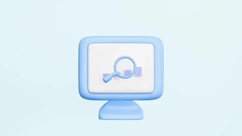 3D computer with magnifying glass, dollar coin, bar graph isolated on blue .. Video stock 310615253