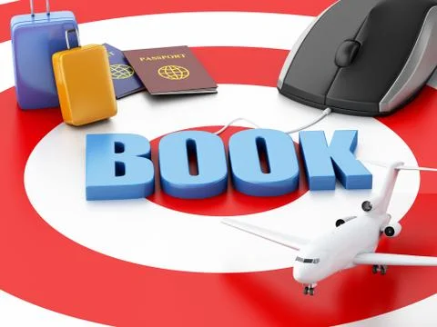 3d computer mouse, airplane and travel suitcase. Illustrazione stock