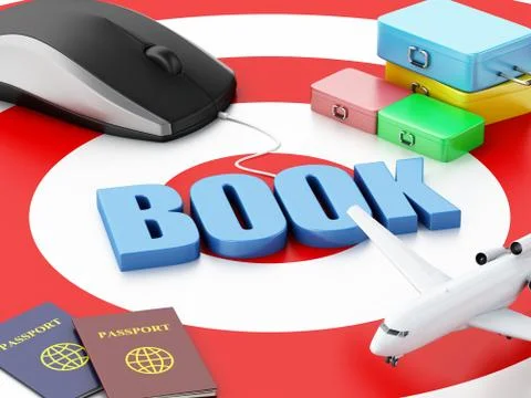 3d computer mouse and airplane. Travel concept Illustrazione stock