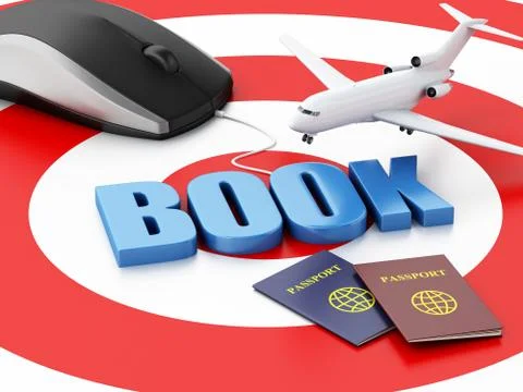 3d computer mouse and airplane. Travel concept Illustrazione stock