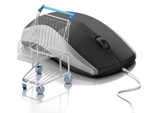 3d computer mouse and shopping cart. E-commerce Illustrazione stock