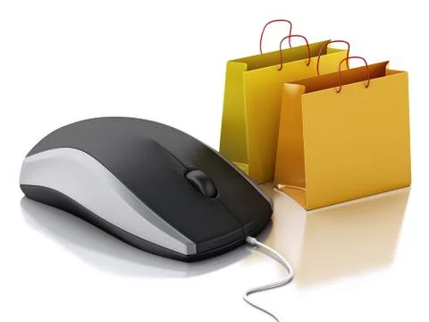 3d computer mouse with shopping bags. E-commerce Illustrazione stock