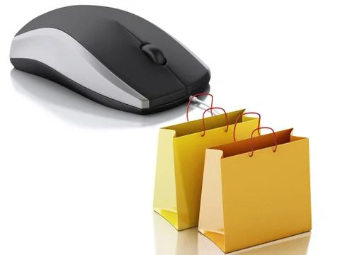 3d computer mouse with shopping bags. E-commerce イラスト素材