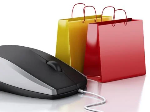 3d computer mouse with shopping bags. E-commerce イラスト素材