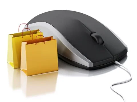 3d computer mouse with shopping bags. E-commerce Illustrazione stock
