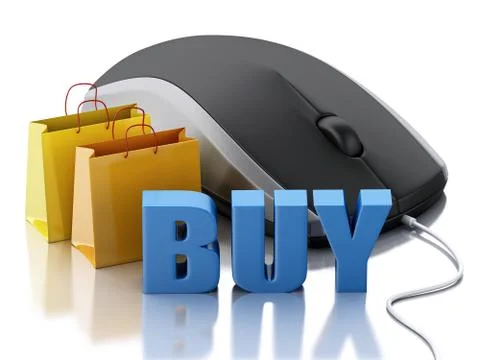 3d computer mouse with shopping bags. E-commerce イラスト素材