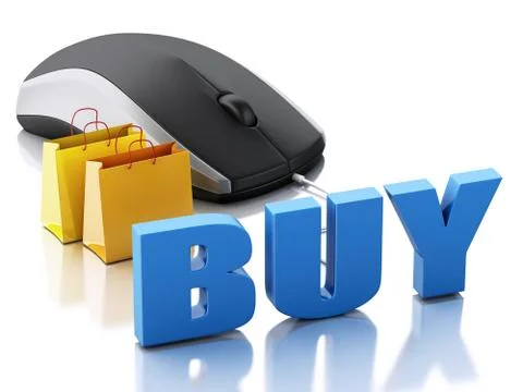3d computer mouse with shopping bags. E-commerce イラスト素材
