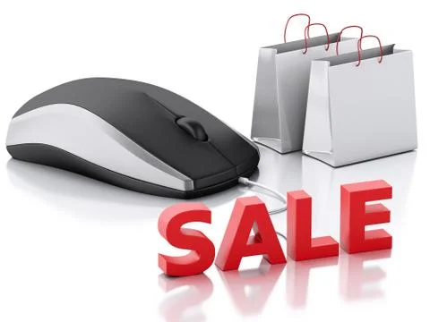 3d computer mouse with shopping bags. E-commerce Illustrazione stock