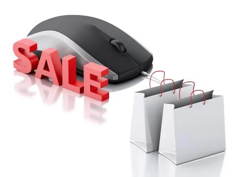 3d computer mouse with shopping bags. E-commerce イラスト素材