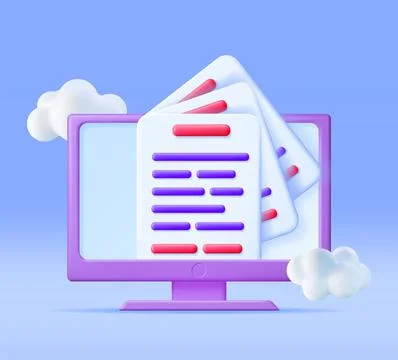 3D Computer with Pile of Paper Documents Stock Illustration