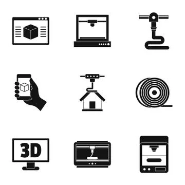 3d computer printer icon set, simple style Illustrazione stock