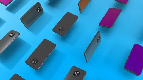 3D computer render of many smartphones rotating on Blue background surface. 4k a Stock Footage 117831160