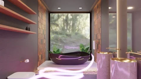 3D computer render of stylish bathroom with modern bath tub, dolly in Stock Footage 252113244