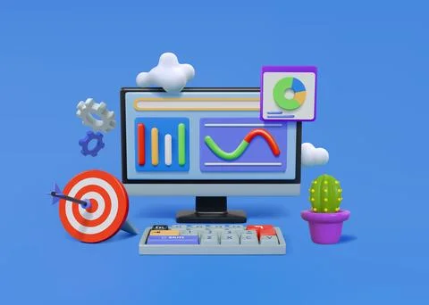 3D computer. SEO concept. Digital market in social media service. Analytics Illustrazione stock