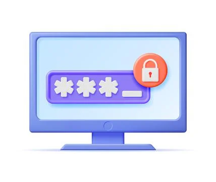 3D Computer with Shield Lock and Password Stock Illustration