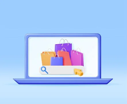 3D Computer with Shopping Bag Stock Illustration