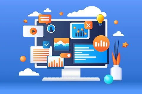 3d computer, web elements on pc screen. Website design, search on site and Stock Illustration