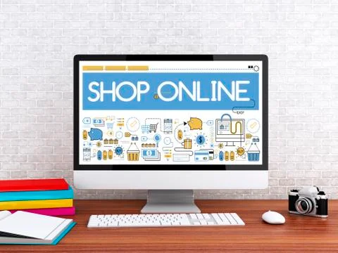 3d Computer with words SHOP ONLINE. Stock Illustration