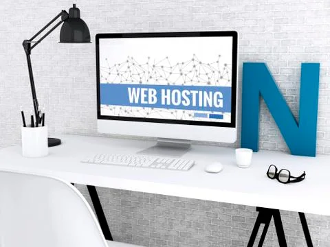 3d Computer with words WEB HOSTING. Stock-Illustration