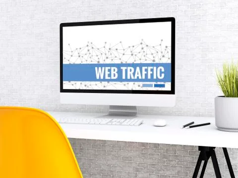 3d Computer with words WEB TRAFFIC. Illustrazione stock