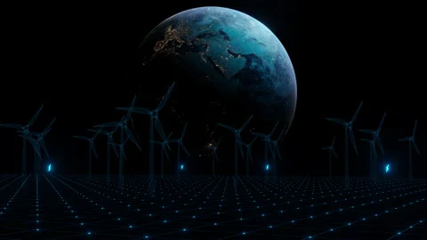 3D Concept animation of Earth with solar panels plants and wind power plant Stock Footage 141546180