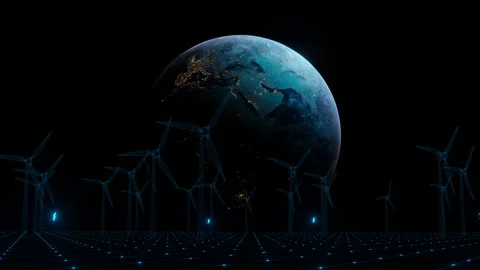 3D Concept animation of Earth with solar panels plants and wind power plant Stock Footage 141546505