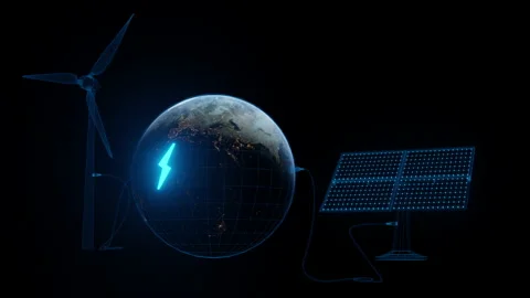 3D Concept animation of Earth with solar panels plants and wind power plant Stock Footage 141549334