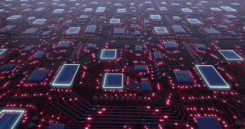 3D concept dark blue printed circuit boards with red pulsation of glowing Stock Footage 146680311