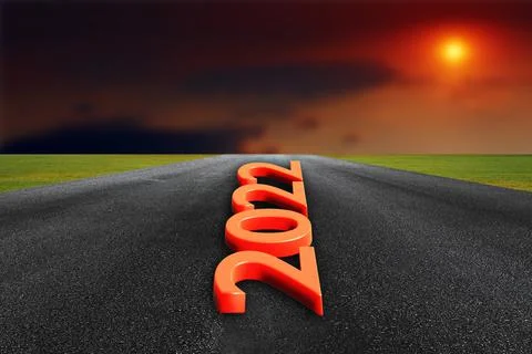 3d concept of evolution and progress in perspective, text design happy new ye Illustrazione stock
