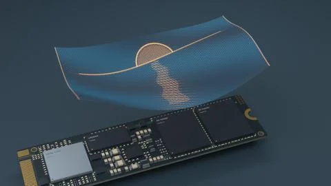 3D concept illustration of solid state drive and blue data grid Stock Illustration