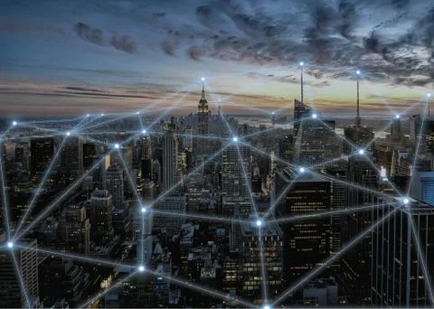 3D concept illustration of wireless communication network in smart city Stock Photos