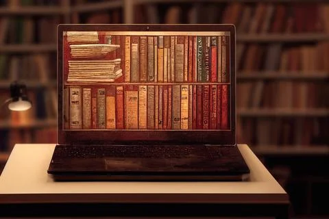 3d concept image. Knowledge of the whole world on one screen. Laptop on a lib 스톡 일러스트