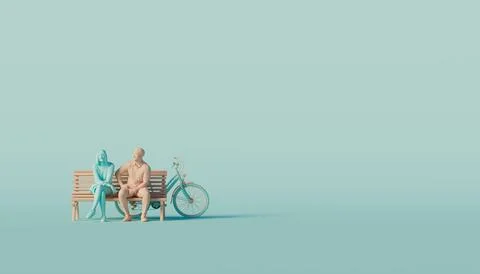 3d concept on a love theme. A couple is sitting on a bench. 3d render Ilustração Stock