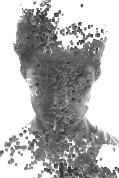A 3D conceptual double exposure full front male portrait Stock Photos