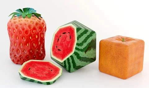 3D conceptual illustration of transgenic fruit on white background Stock Illustration