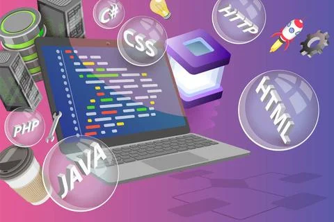3D Conceptual Illustration of Website Programmierung und Kodierung, Softwa... Stock Photos